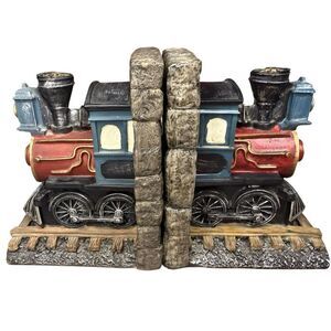 Vintage Locomotive Train Bookends Set of 2 Resin Home Office Collectible 90s